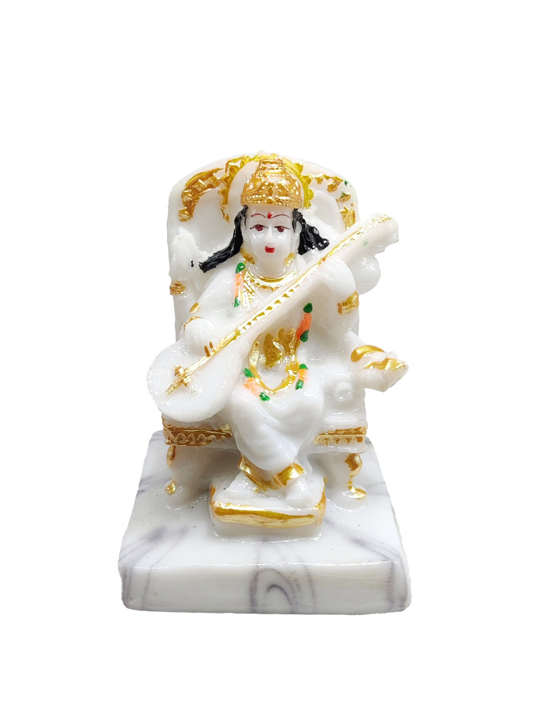 

GLOOKS White & Gold Toned Textured Saraswati Maa Marble Idol Showpiece