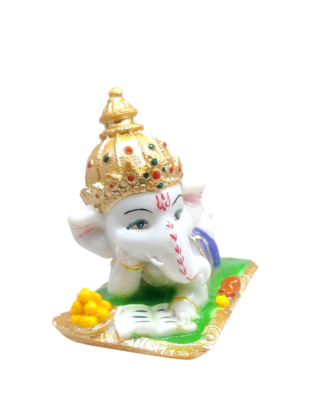 

GLOOKS White & Green Textured Ganesha Reading Marble Idol Showpiece