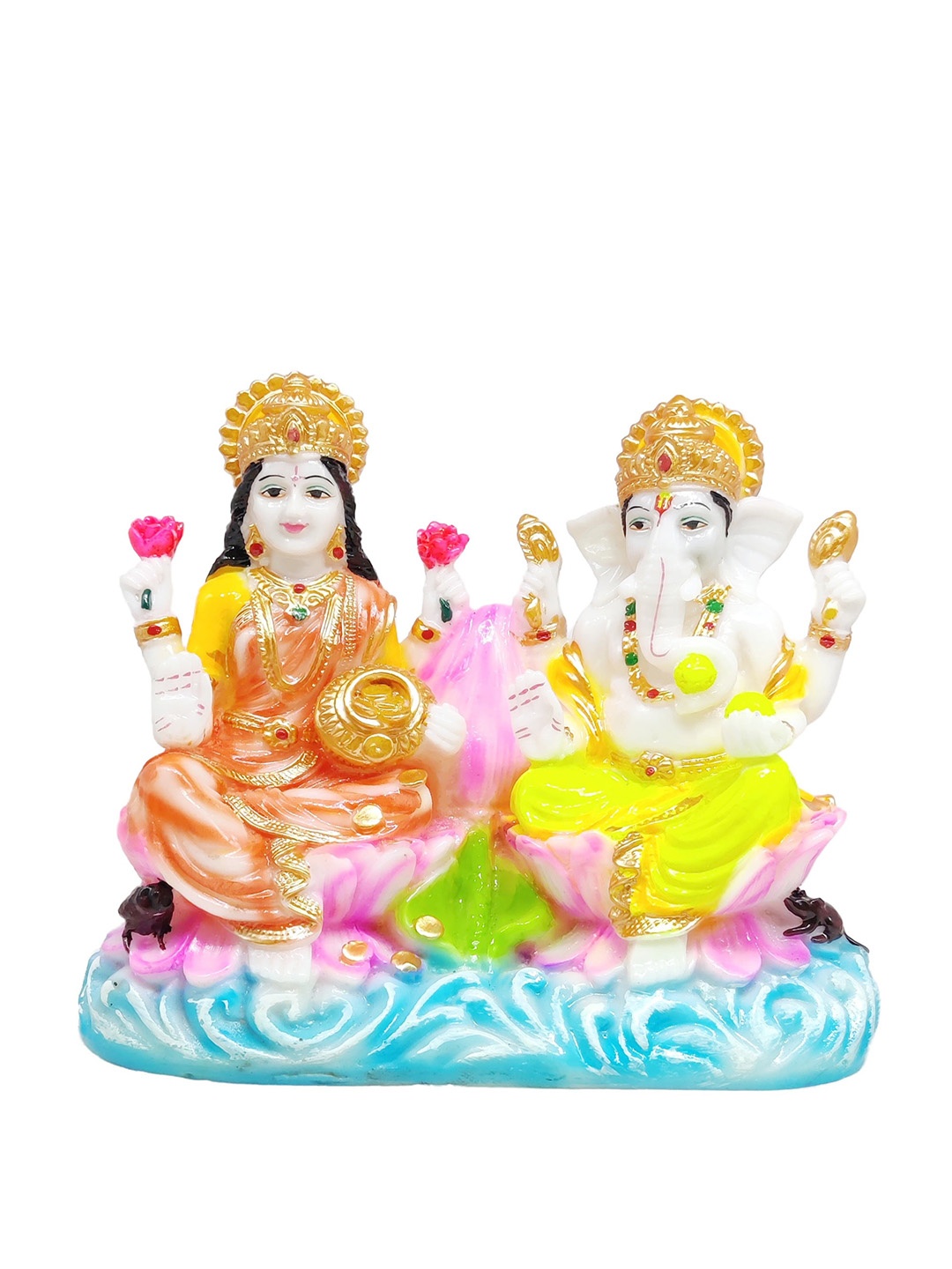 

GLOOKS White & Yellow Lakshmi Ganesha Joint Marble Dust Statue Showpiece