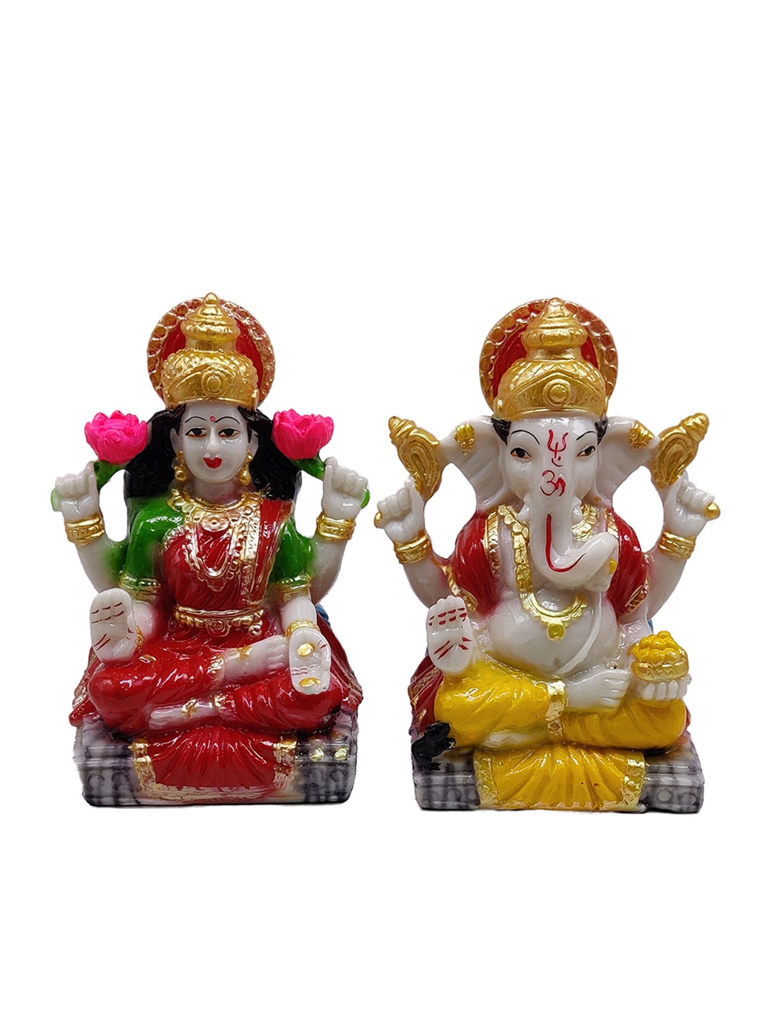 

GLOOKS Red & Yellow 2 Pieces Textured Lakshmi Ganesha Marble Idol Showpieces