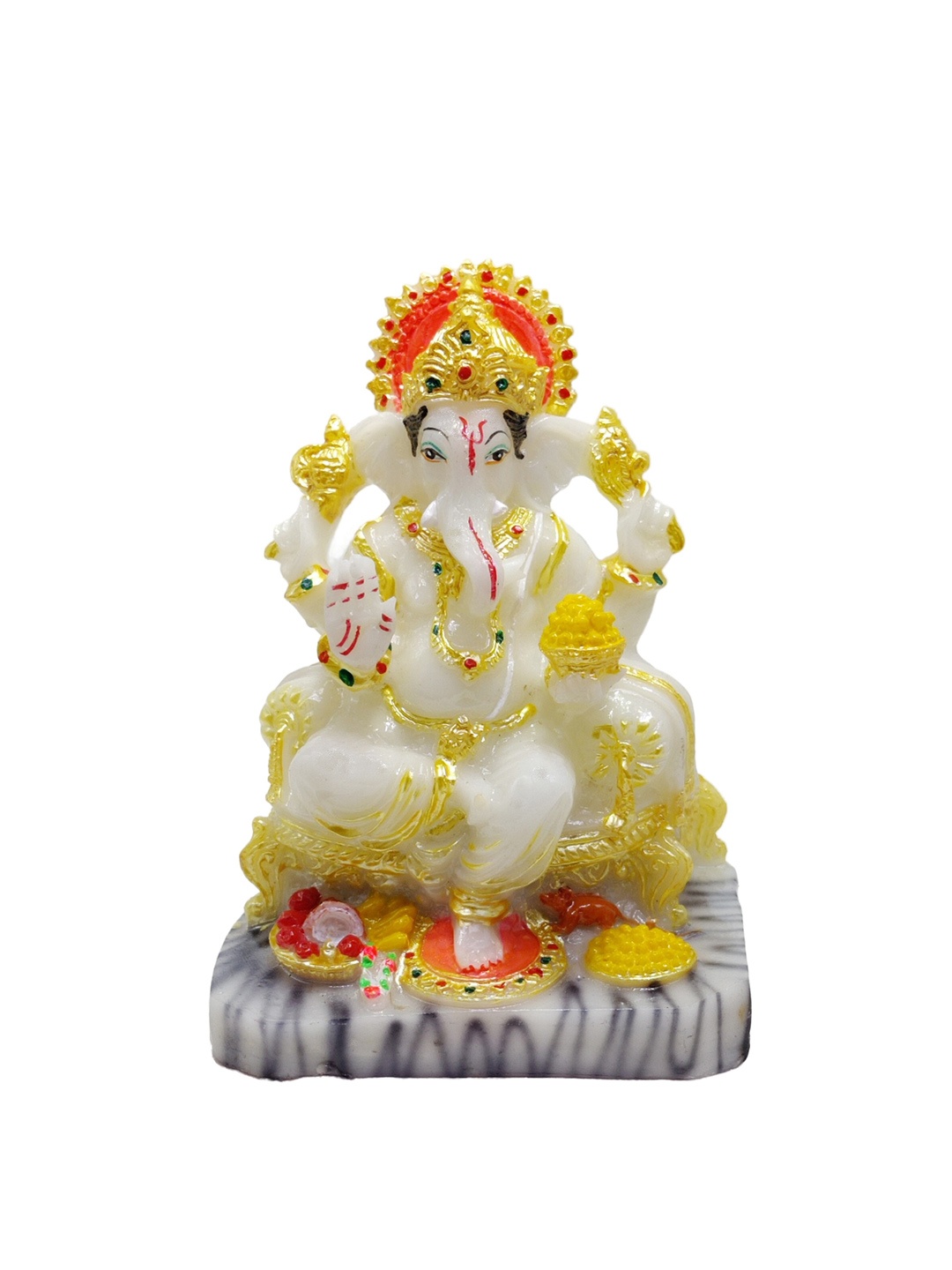 

GLOOKS White & Yellow Lord Ganesha On Singhasan With Fruit Pooja Thali Marble Showpiece