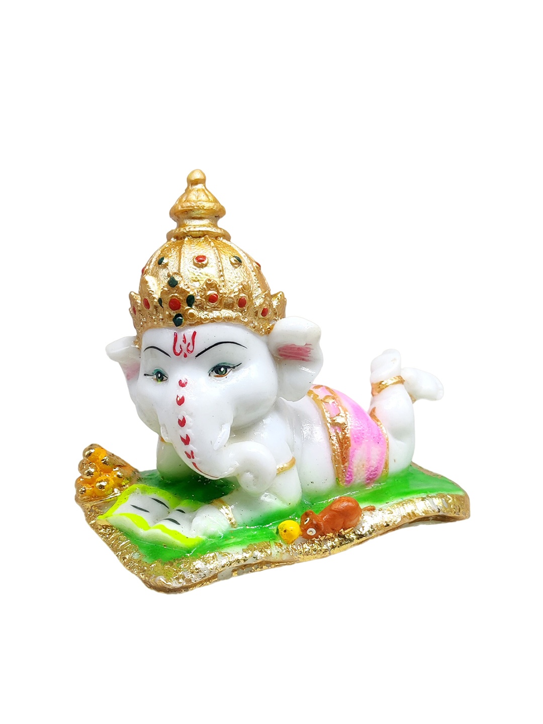

GLOOKS White & Green Ganesha Reading Marble Dust Statue