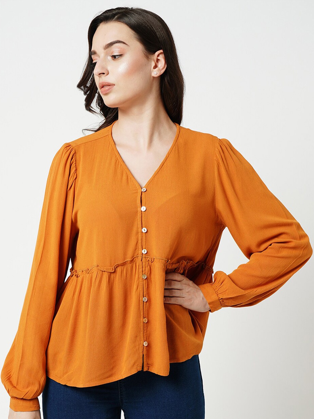 

ONLY V-Neck Gathered Shirt Style Top, Orange