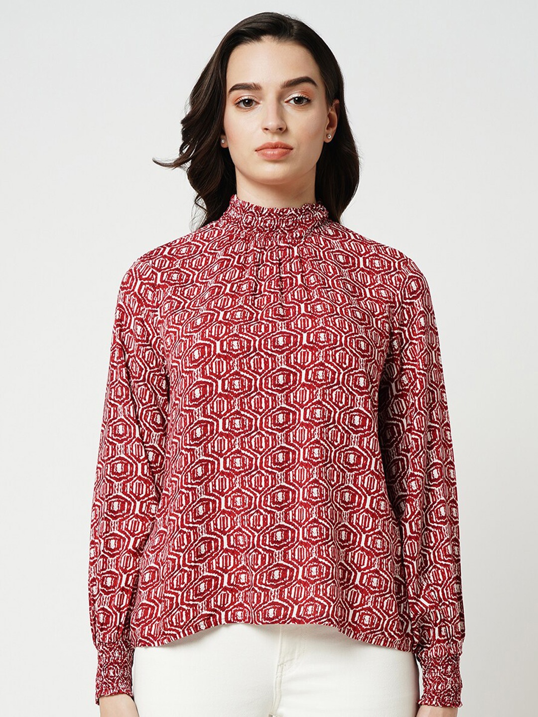 

ONLY Abstract Printed Gathered High Neck Top, Red