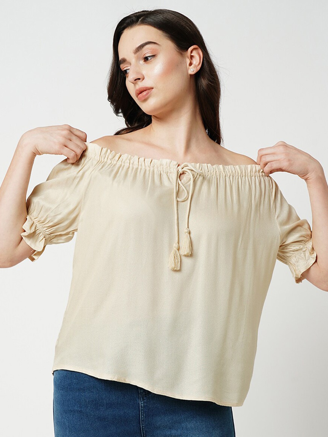 

ONLY Off-Shoulder Gathered Tie-Up Detail Puff Sleeves Bardot Top, Cream