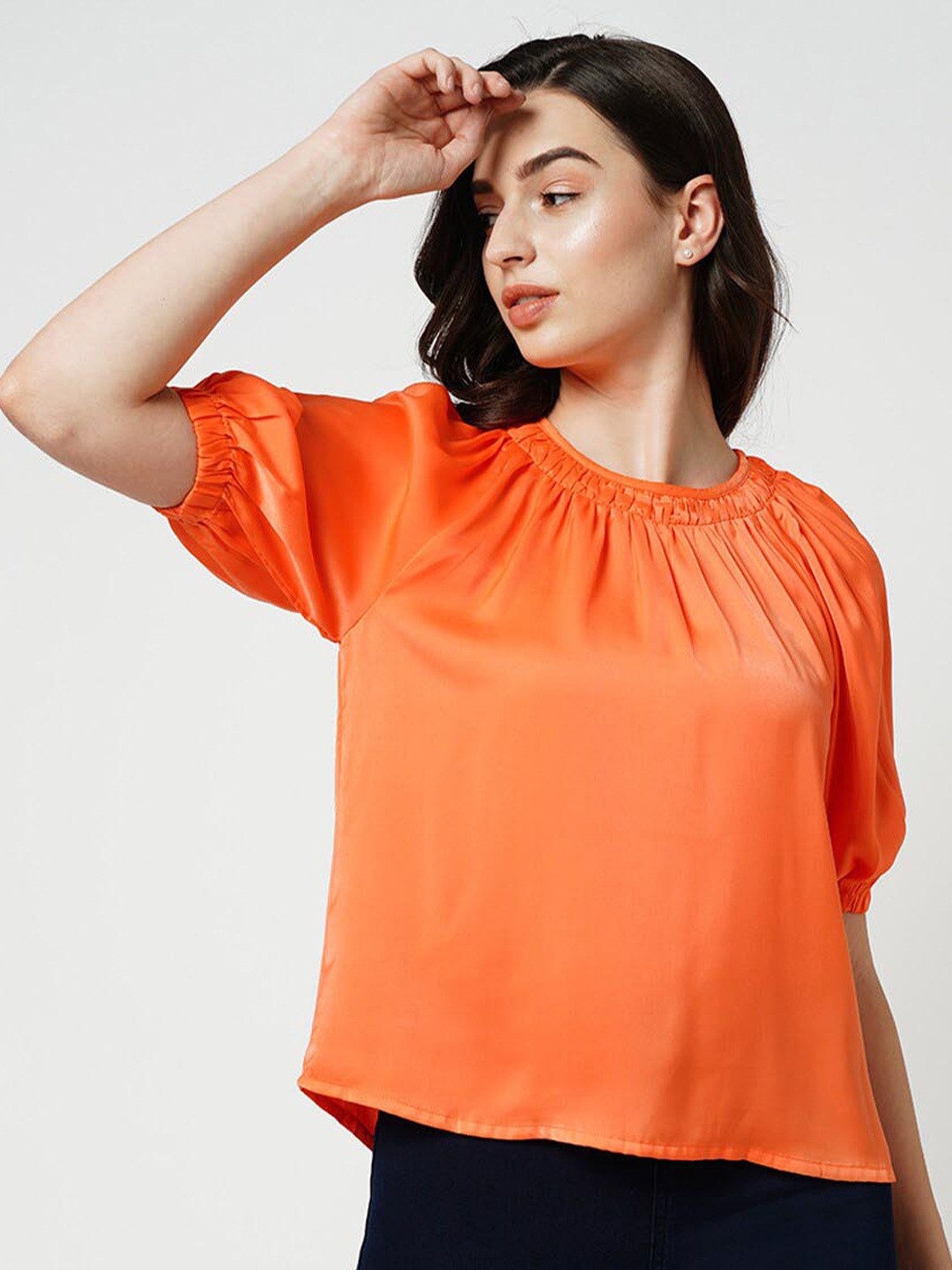 

ONLY Round Neck Puff Sleeves Gathered Top, Orange
