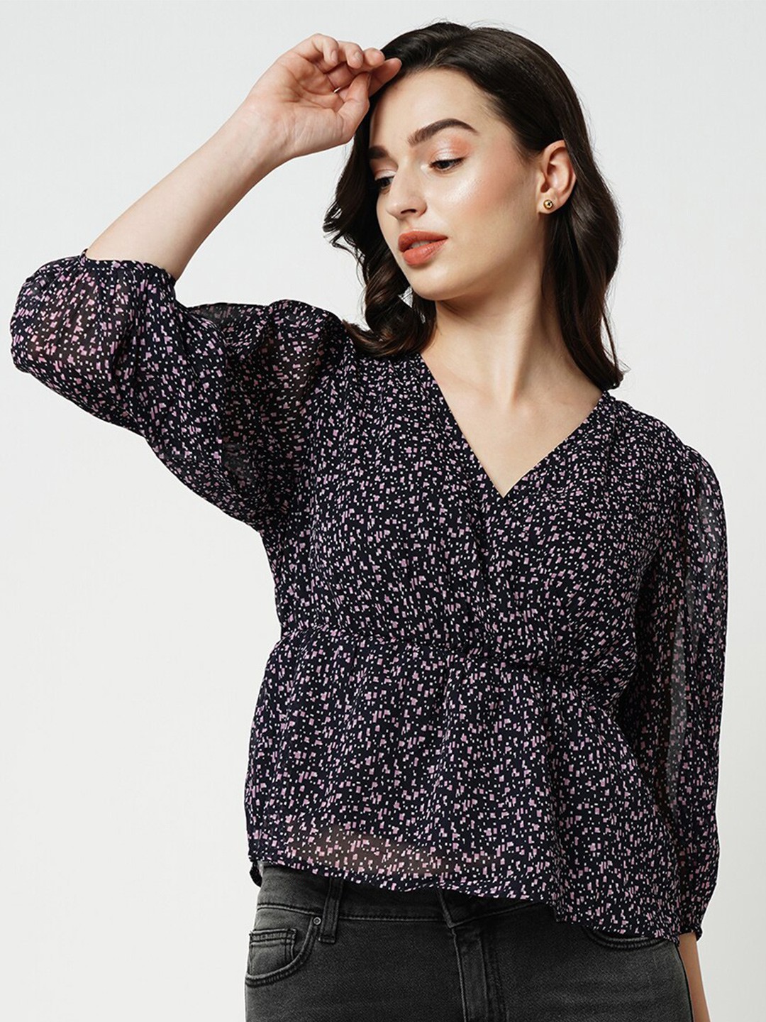 

ONLY Abstract Printed V-Neck Puff Sleeves Peplum Top, Blue