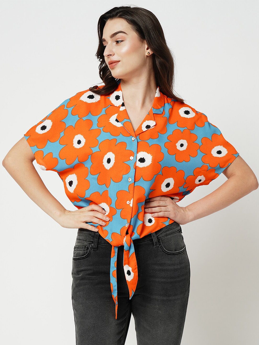 

ONLY Floral Printed Extended Sleeves Tie-Up Detail Shirt Style Top, Blue