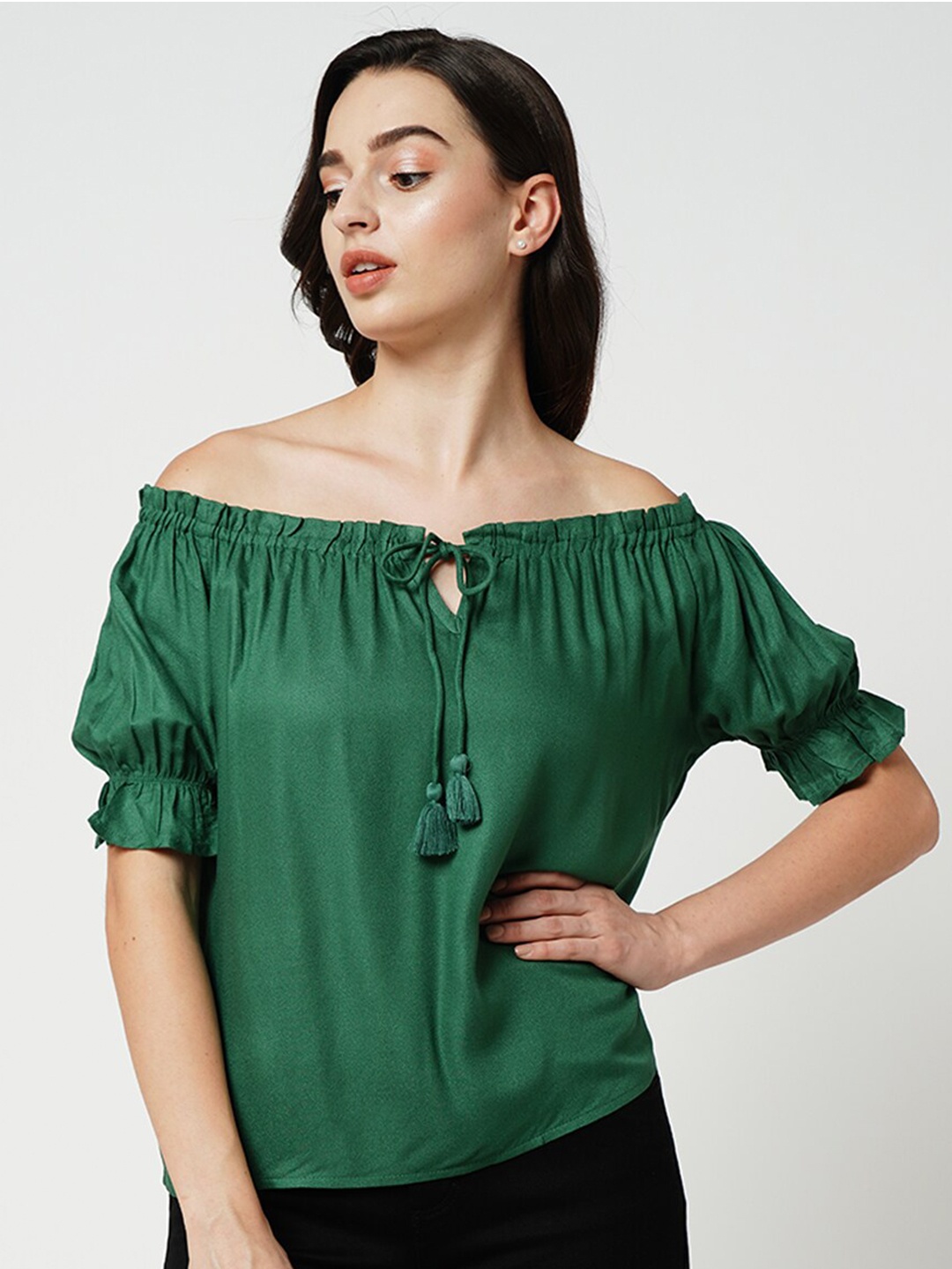 

ONLY Off-Shoulder Gathered Tie-Up Detail Puff Sleeves Bardot Top, Green