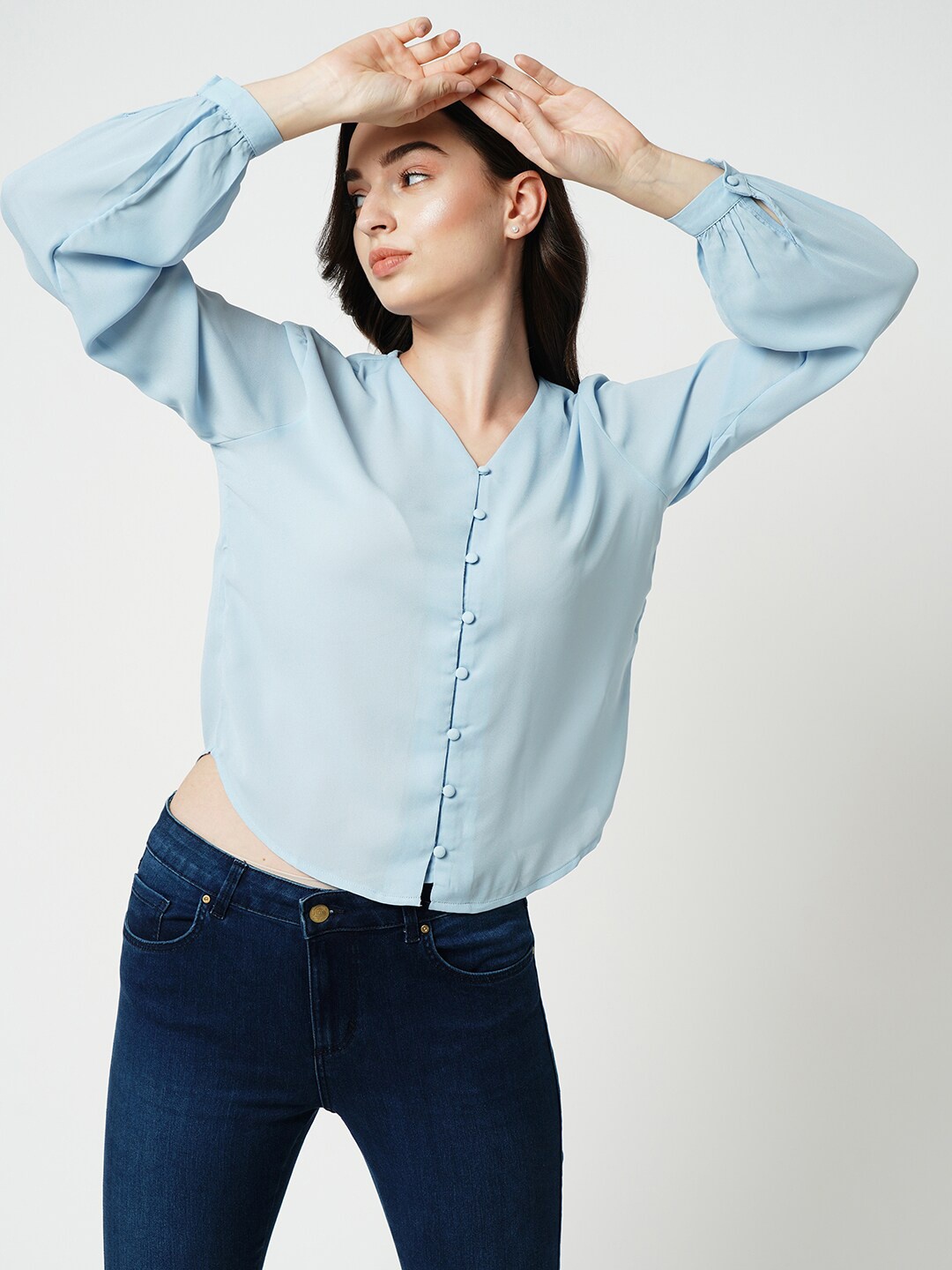 

ONLY V-Neck Cuffed Sleeves Shirt Style Top, Blue