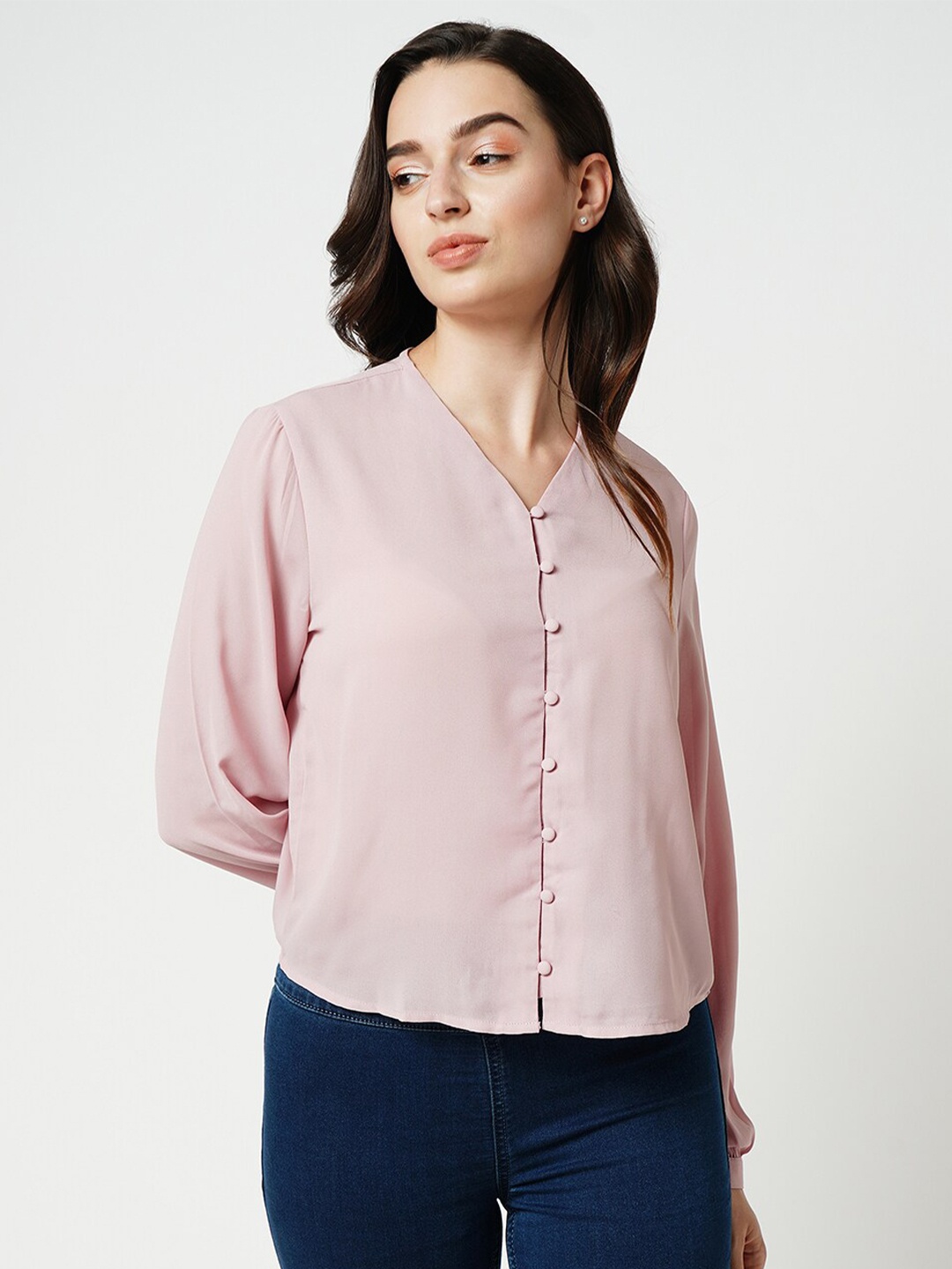 

ONLY V-Neck Cuffed Sleeves Shirt Style Top, Pink