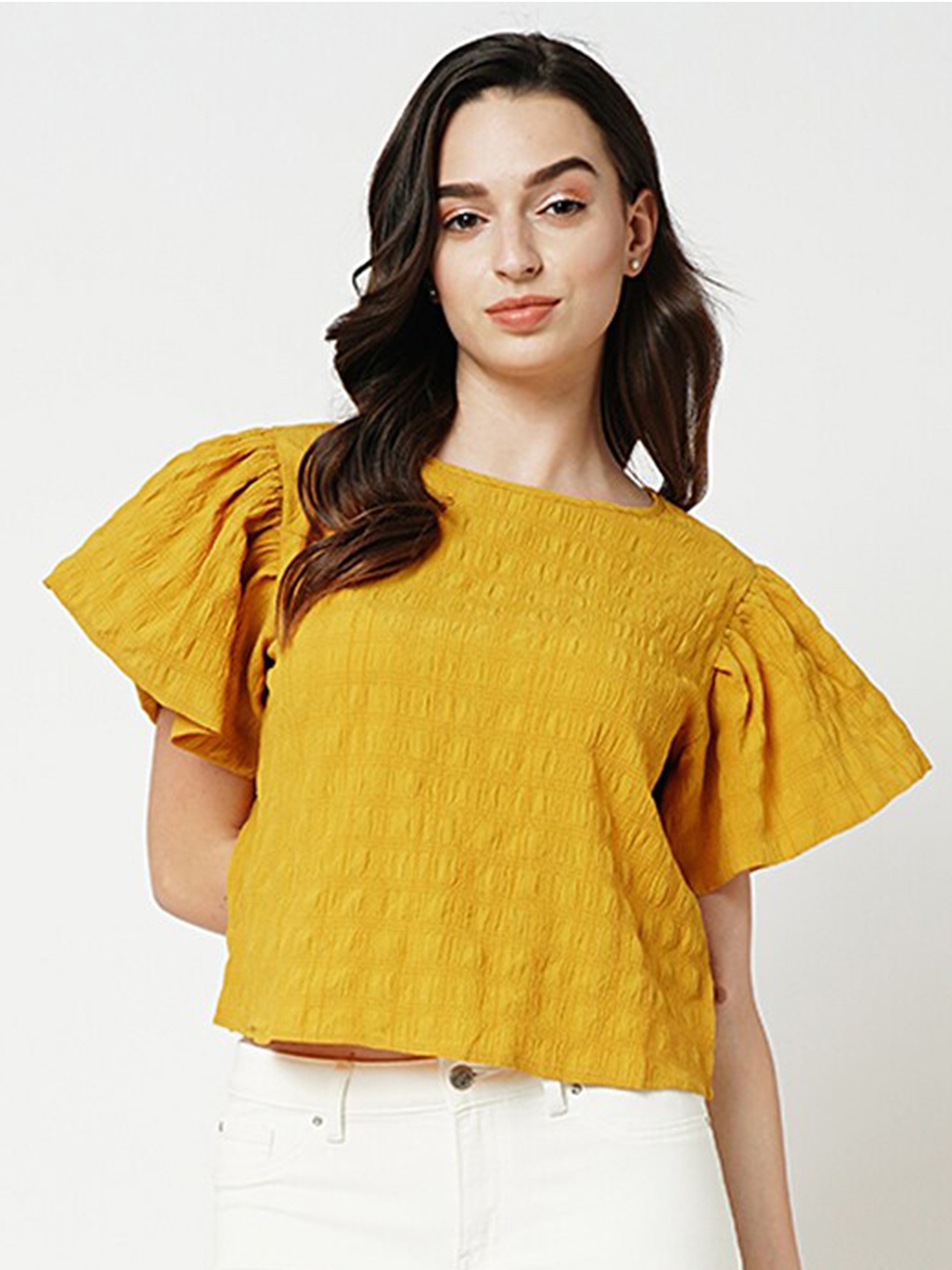 

ONLY Self Design Flared Sleeves Boat Neck Top, Yellow