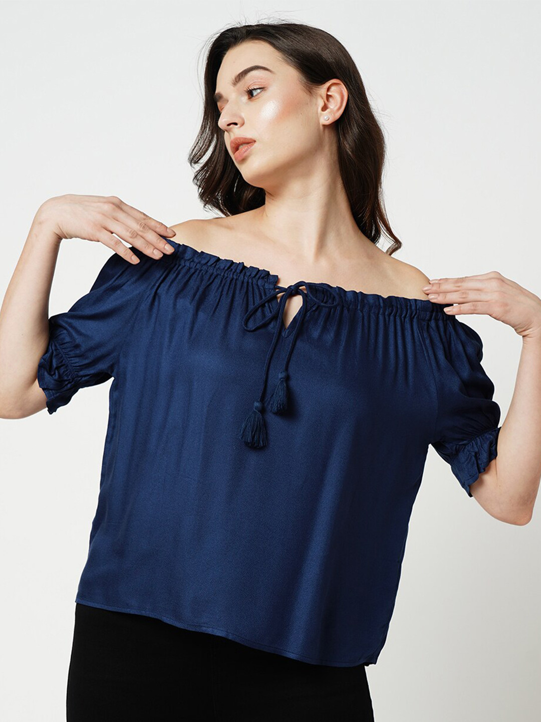 

ONLY Off-Shoulder Gathered Tie-Up Detail Puff Sleeves Bardot Top, Blue