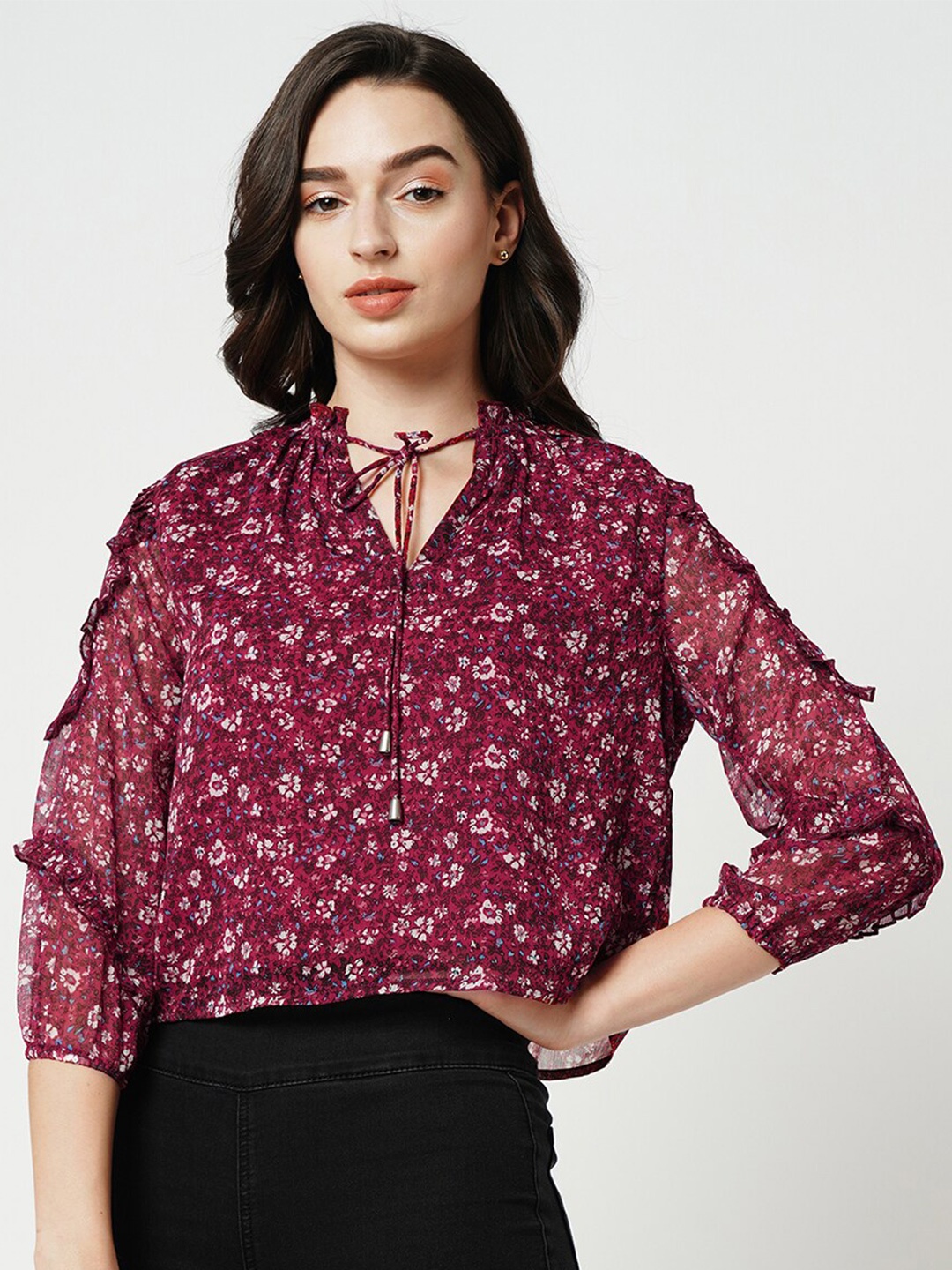 

ONLY Floral Printed Mandarin Collar Puff Sleeves Ruffled Tie-Up Detail Top, Maroon