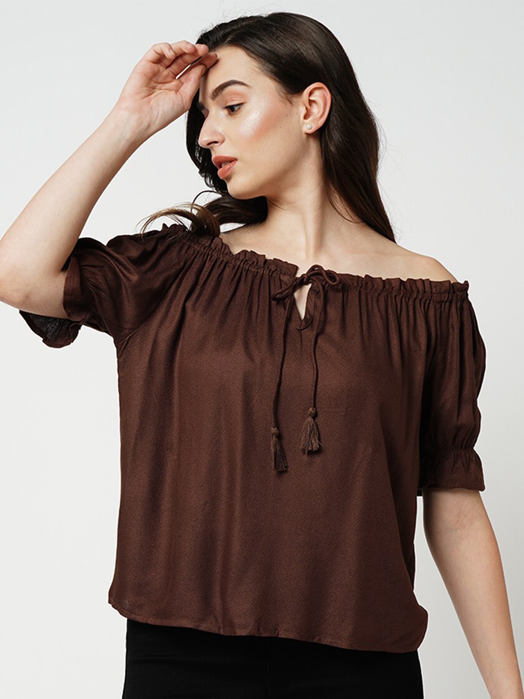 

ONLY Off-Shoulder Gathered Tie-Up Detail Puff Sleeves Bardot Top, Brown