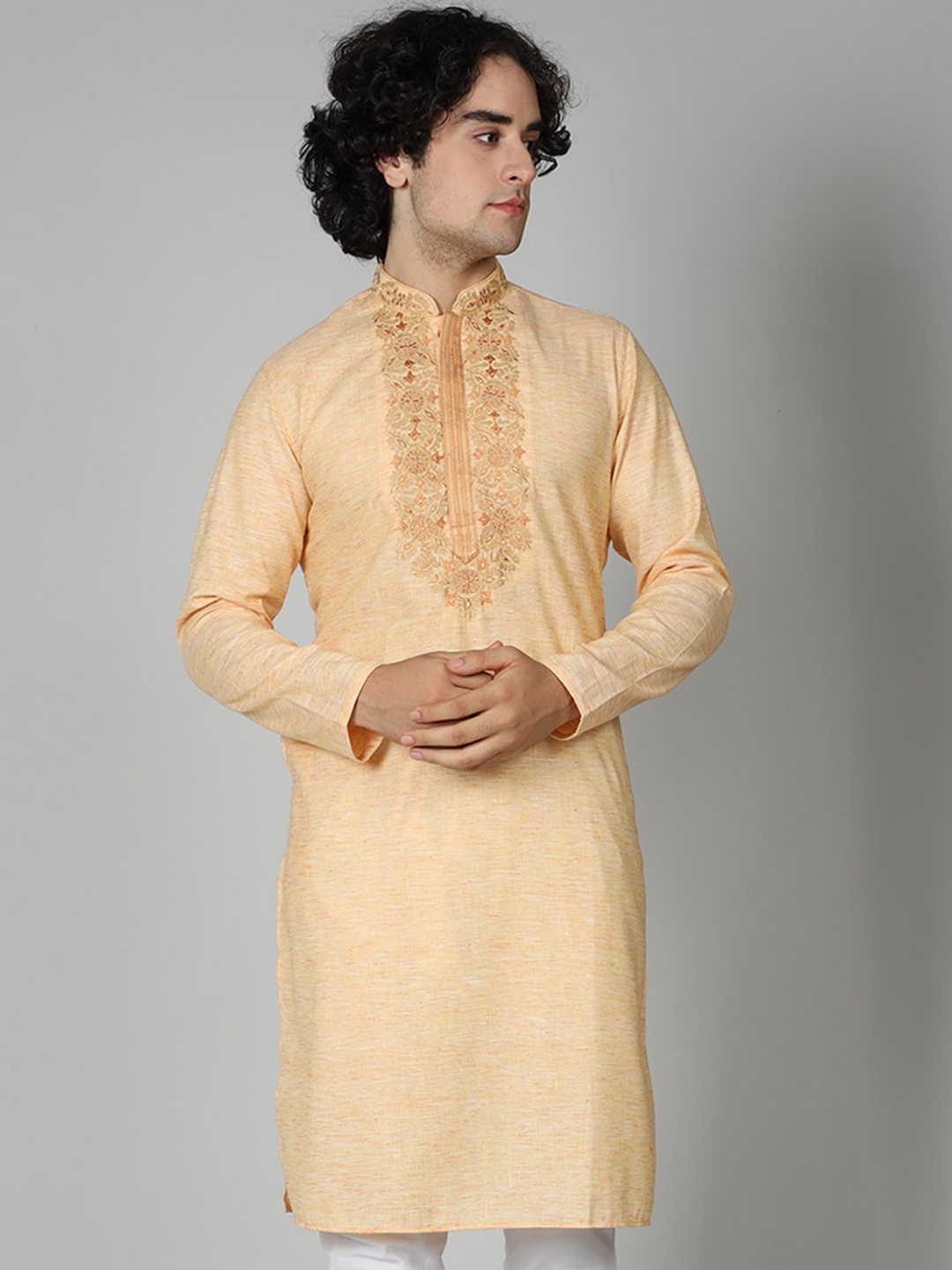 

MAAHI FABS Ethnic Motifs Yoke Design Cotton Kurta, Peach