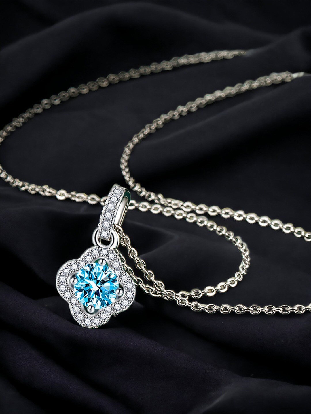 

Designs & You Silver-Plated CZ-Studded & Clover-Charm Pendant With Chain, Blue