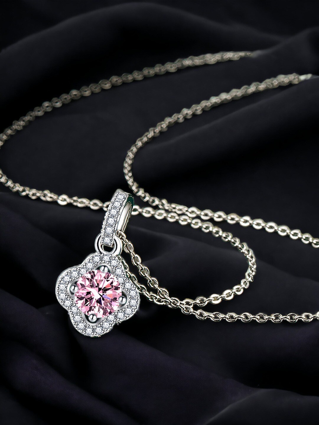 

Designs & You Silver Plated Cubic Zirconia Studded Clover Shape Pendant With Chain