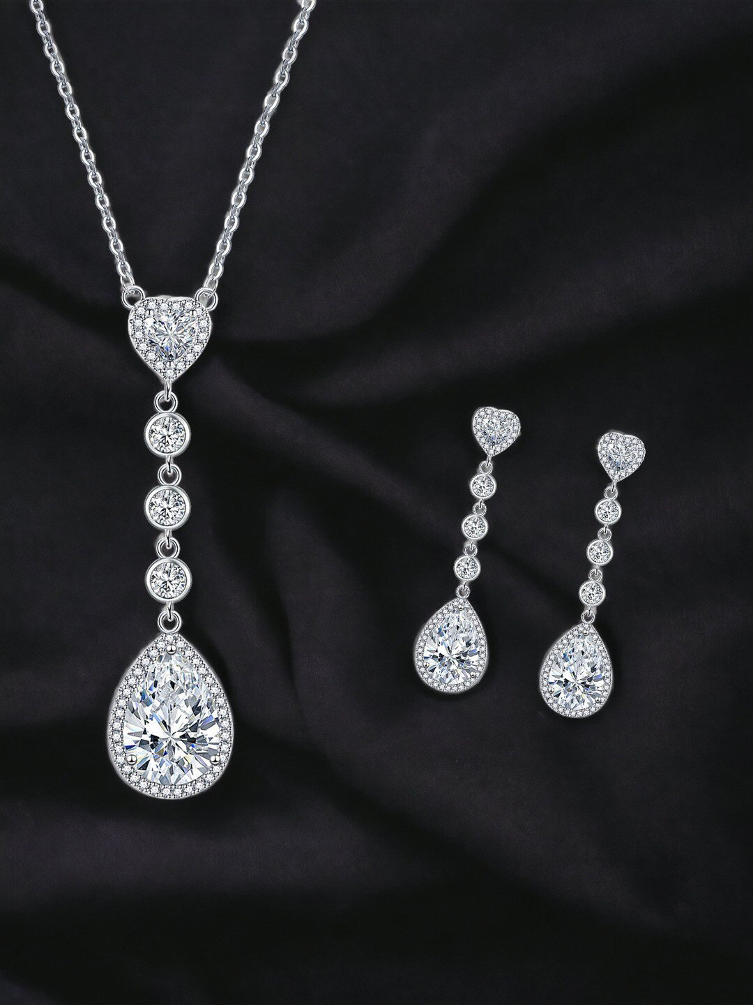 

Designs & You Silver Plated Cubic Zirconia Stone Studded Teardrop Necklace Jewellery Set