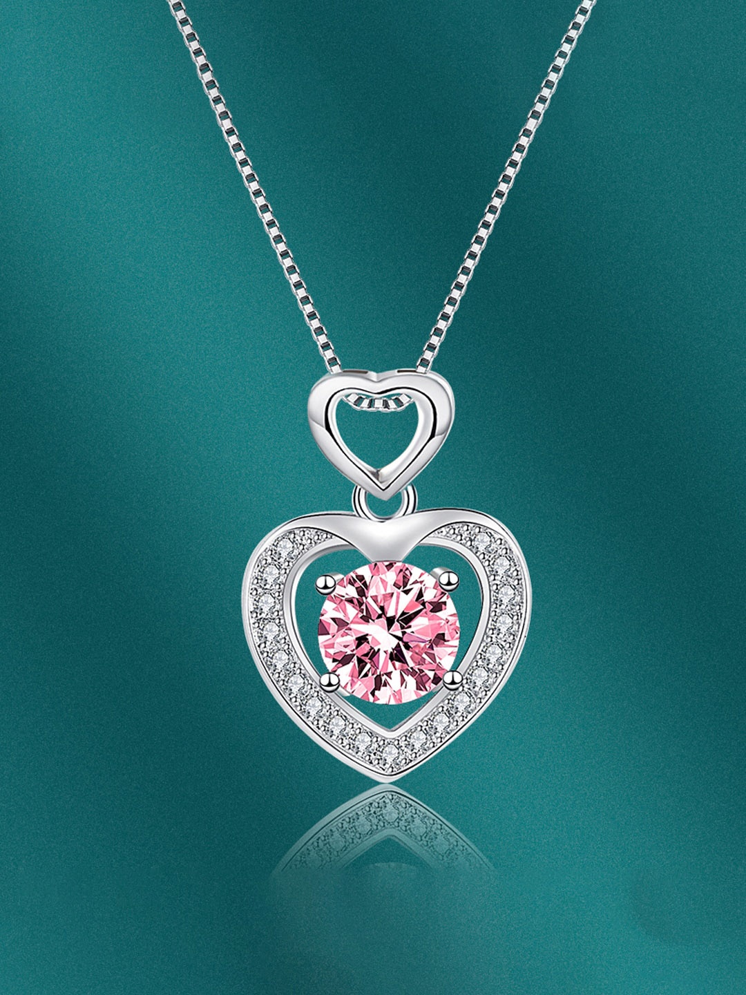 

Designs & You Silver Plated Cubic Zirconia Heart Shaped Studded Pendant & Chain