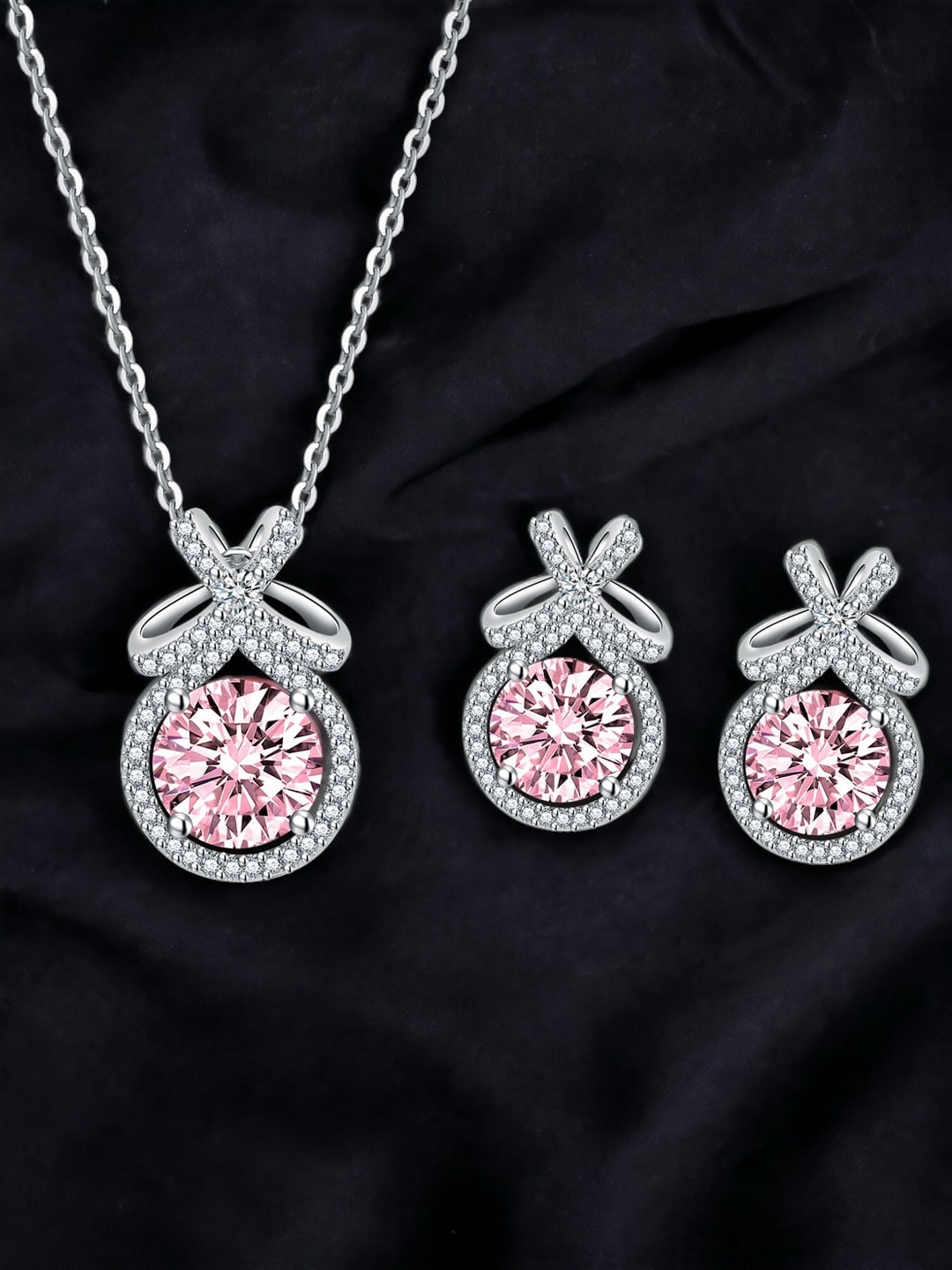

Designs & You Silver-Plated Cubic Zirconia Studded Pendant Jewellery Set, Pink