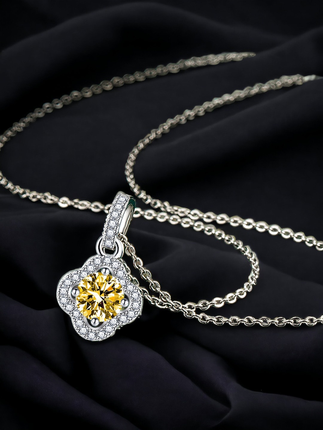 

Designs & You Silver Plated & Cubic Zirconia Studded Pendant With Chain, Yellow