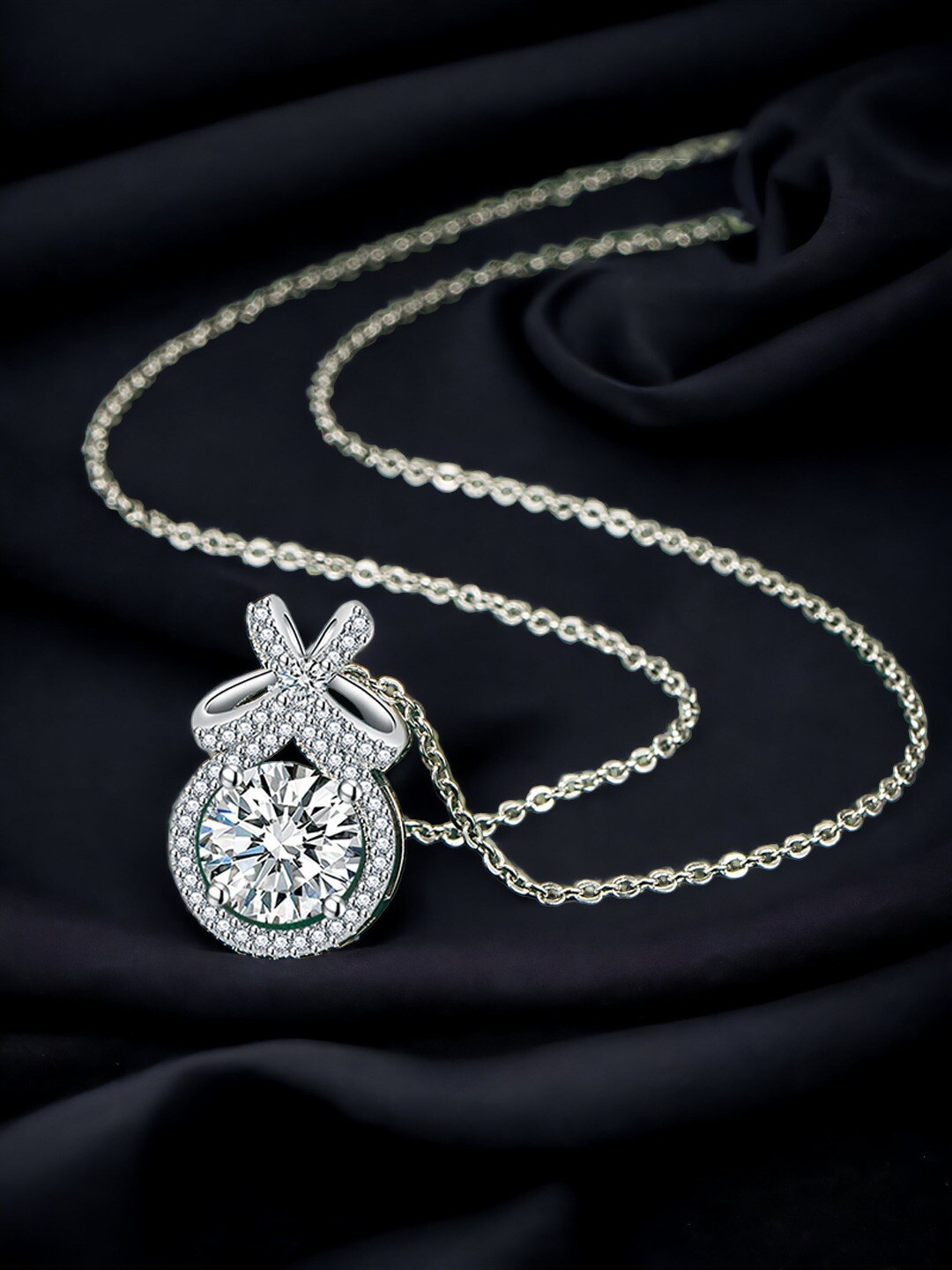 

Designs & You Silver-Plated Cubic Zirconia Studded Contemporary Pendant With Chain