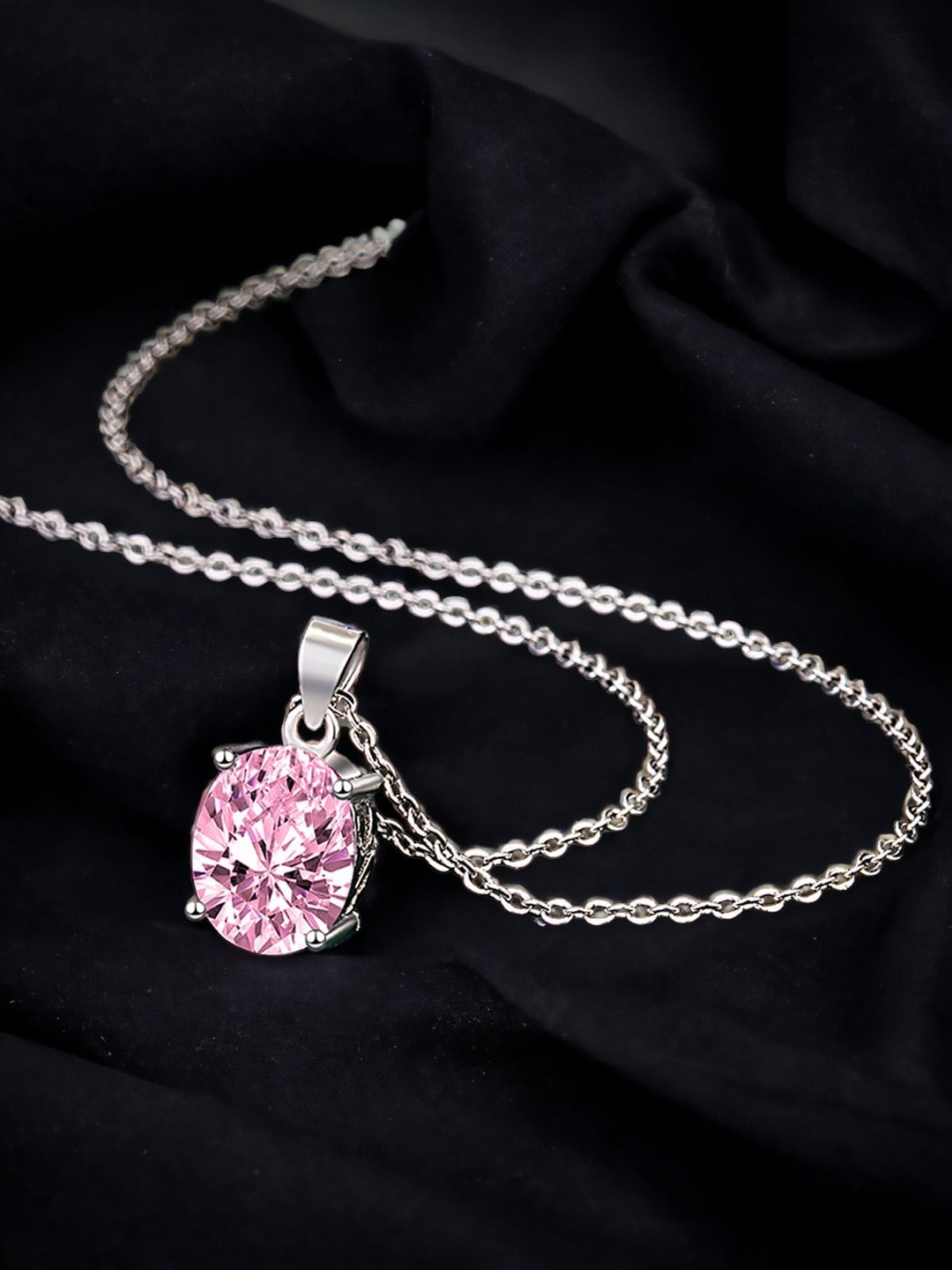 

Designs & You Silver-Plated Cubic Zirconia Studded Oval Pendant With Chain