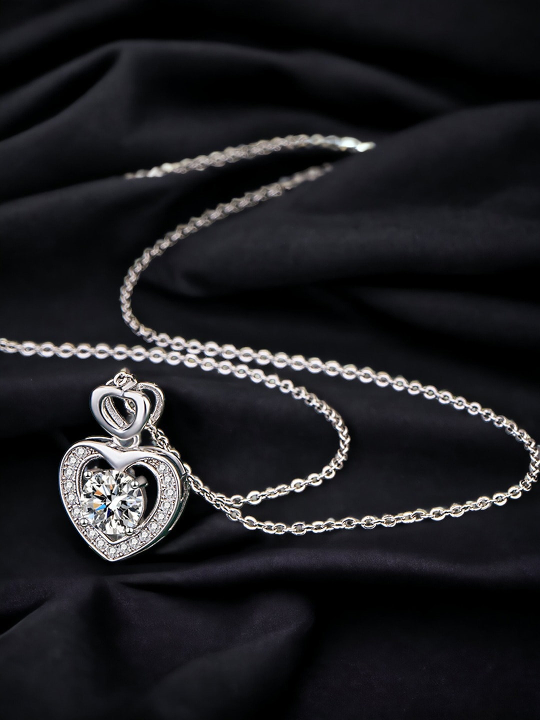 

Designs & You Silver-Plated Cubic Zirconia-Studded Heart Shaped Pendant With Chain