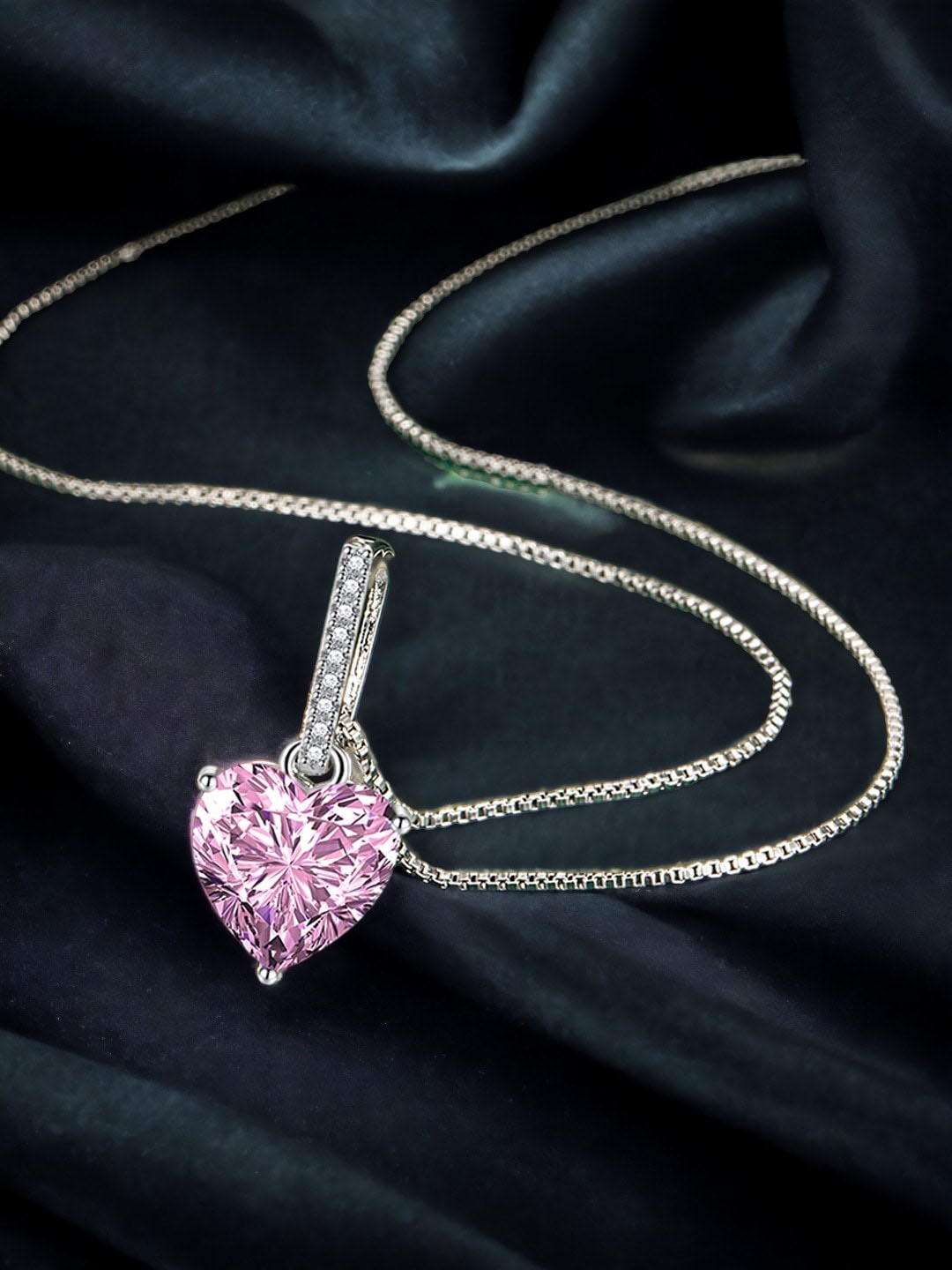 

Designs & You Silver-Plated Cubic Zirconia-Studded Heart Shaped Pendant With Chain
