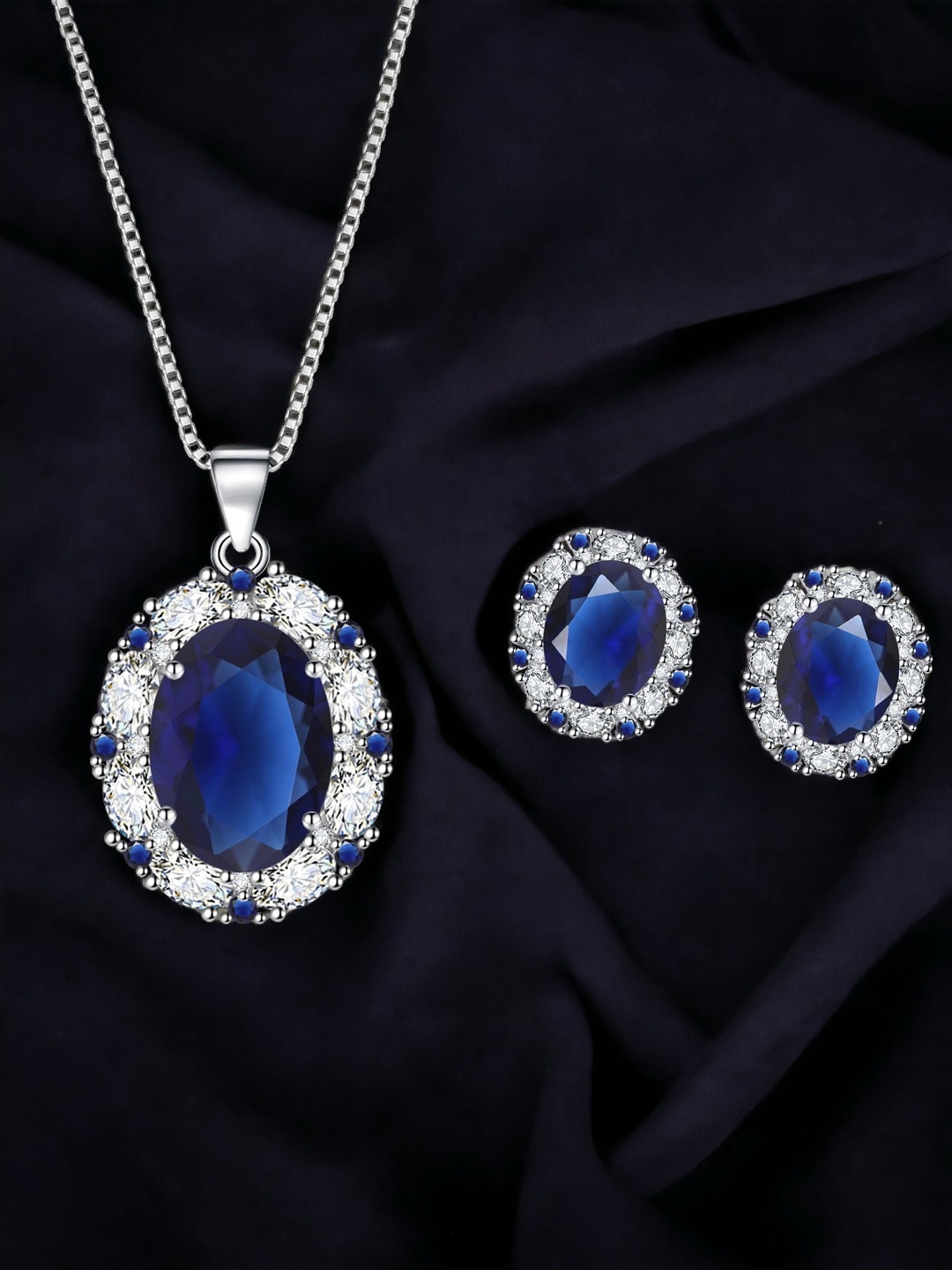 

Designs & You Silver-Plated CZ-Studded Pendant Jewellery Set, Navy blue