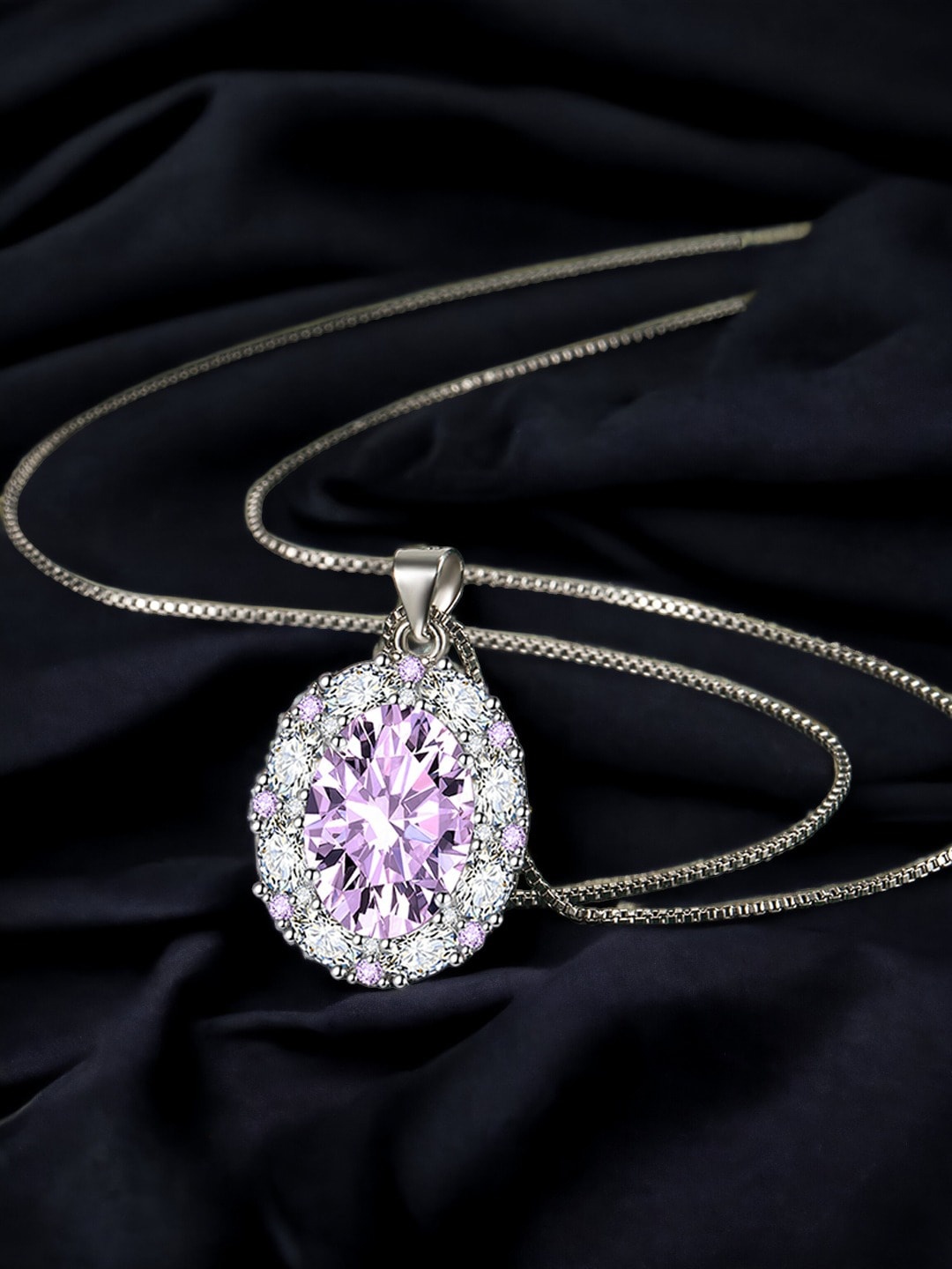 

Designs & You Silver-Plated CZ-Studded & Oval-Charm Pendant With Chain, Purple