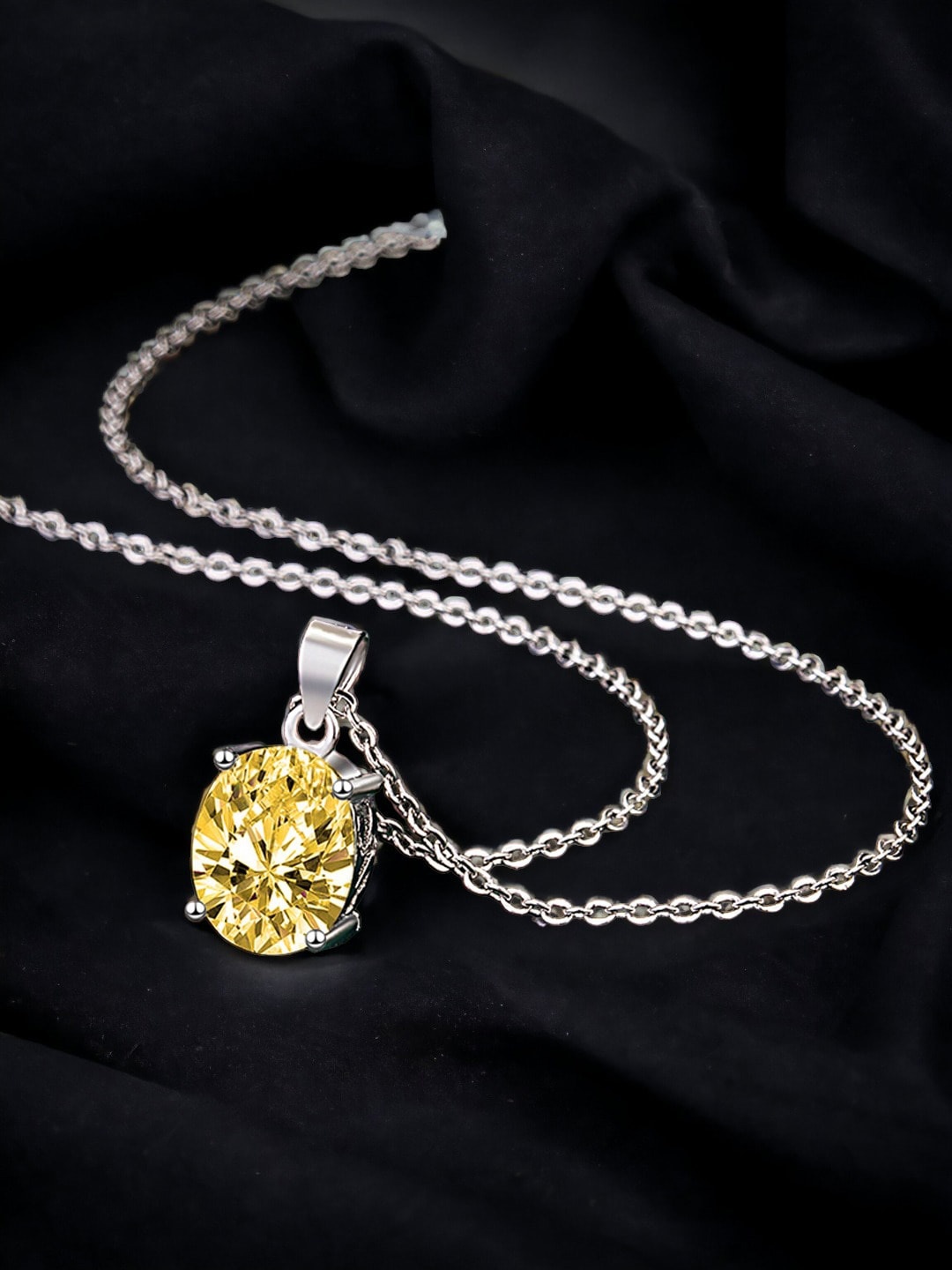 

Designs & You Silver-Plated CZ Studded Oval Shape Pendant With Chain