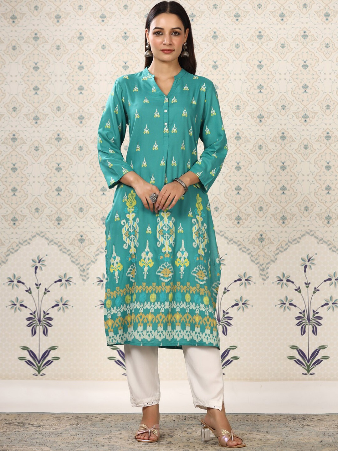 

Ode by House of Pataudi Ethnic Motifs Printed Mandarin Collar Kurta, Sea green
