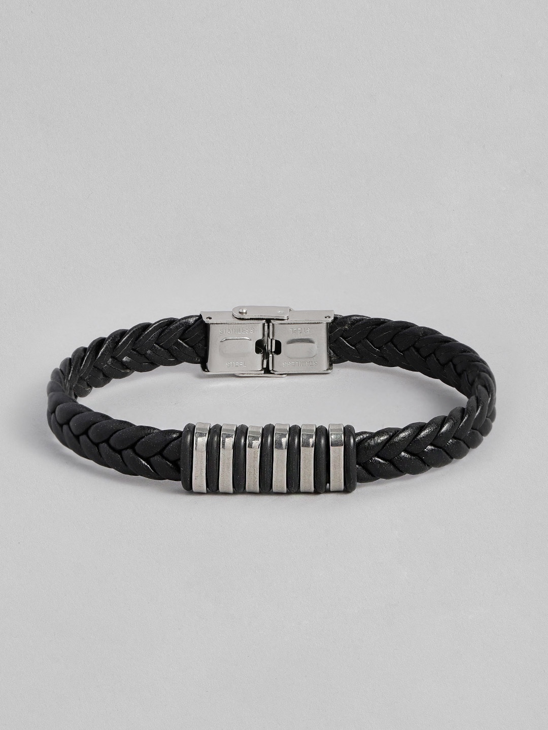 

WROGN Men Black & Silver-Toned Silver-Plated Wraparound Bracelet