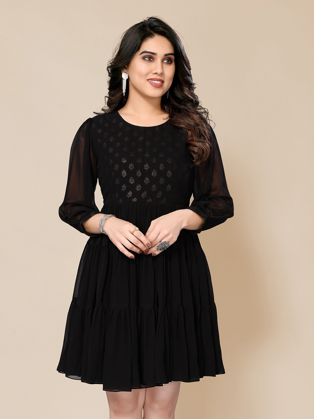 

TITANIUM SILK INDUSTRIES PVT. LTD. Self Design Tiered Fit & Flare Dress, Black