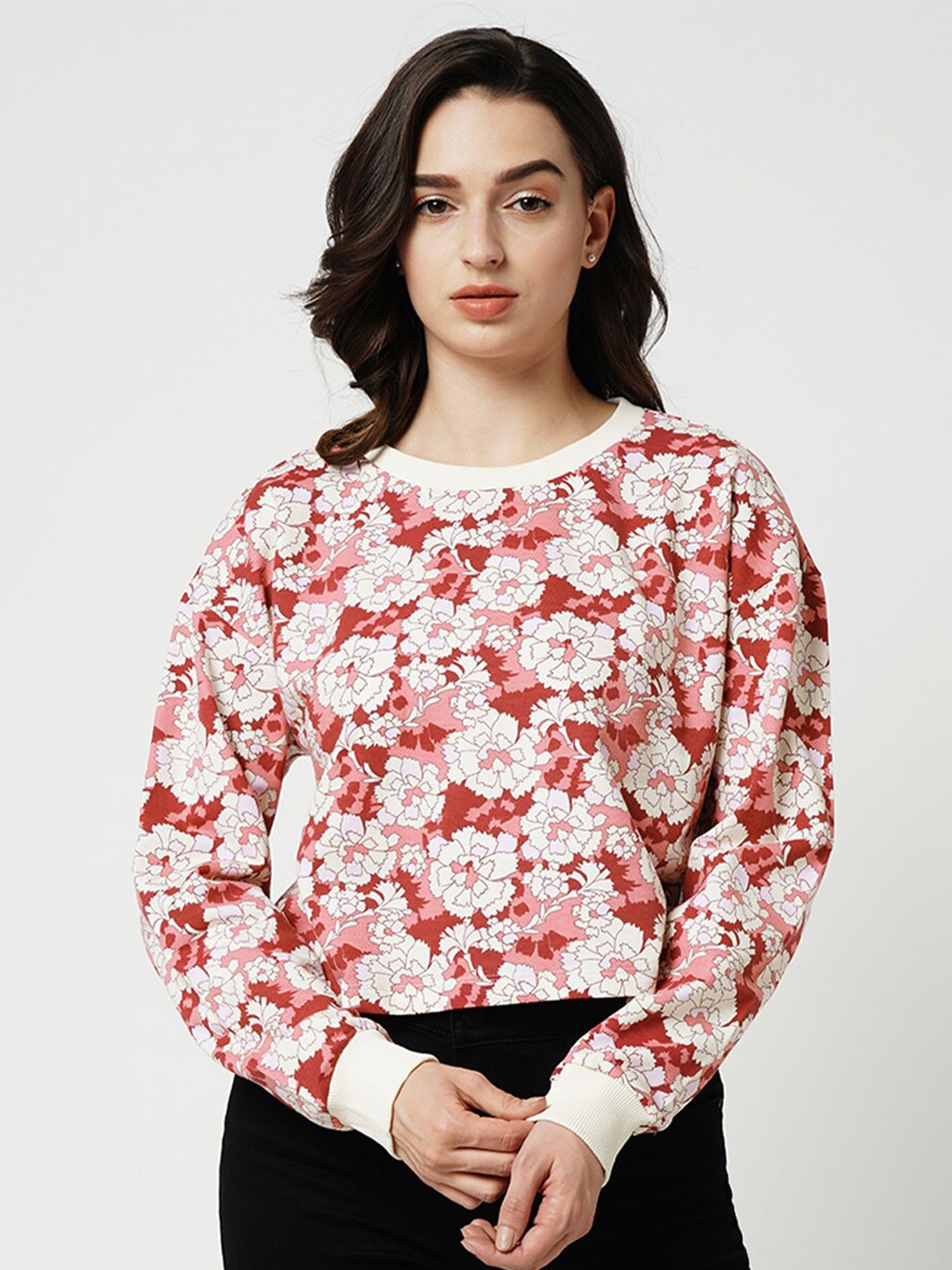 

ONLY Floral Printed Round Neck Pure Cotton Pullover Sweatshirt, White