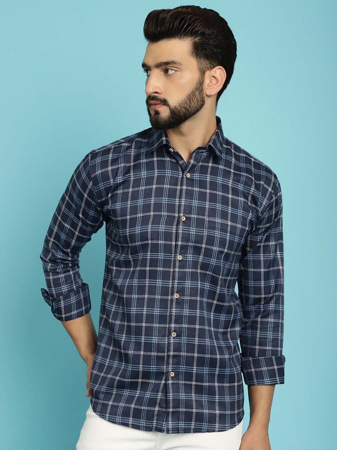 

Armaan Ethnic Classic Windowpane Checks Cotton Casual Shirt, Navy blue