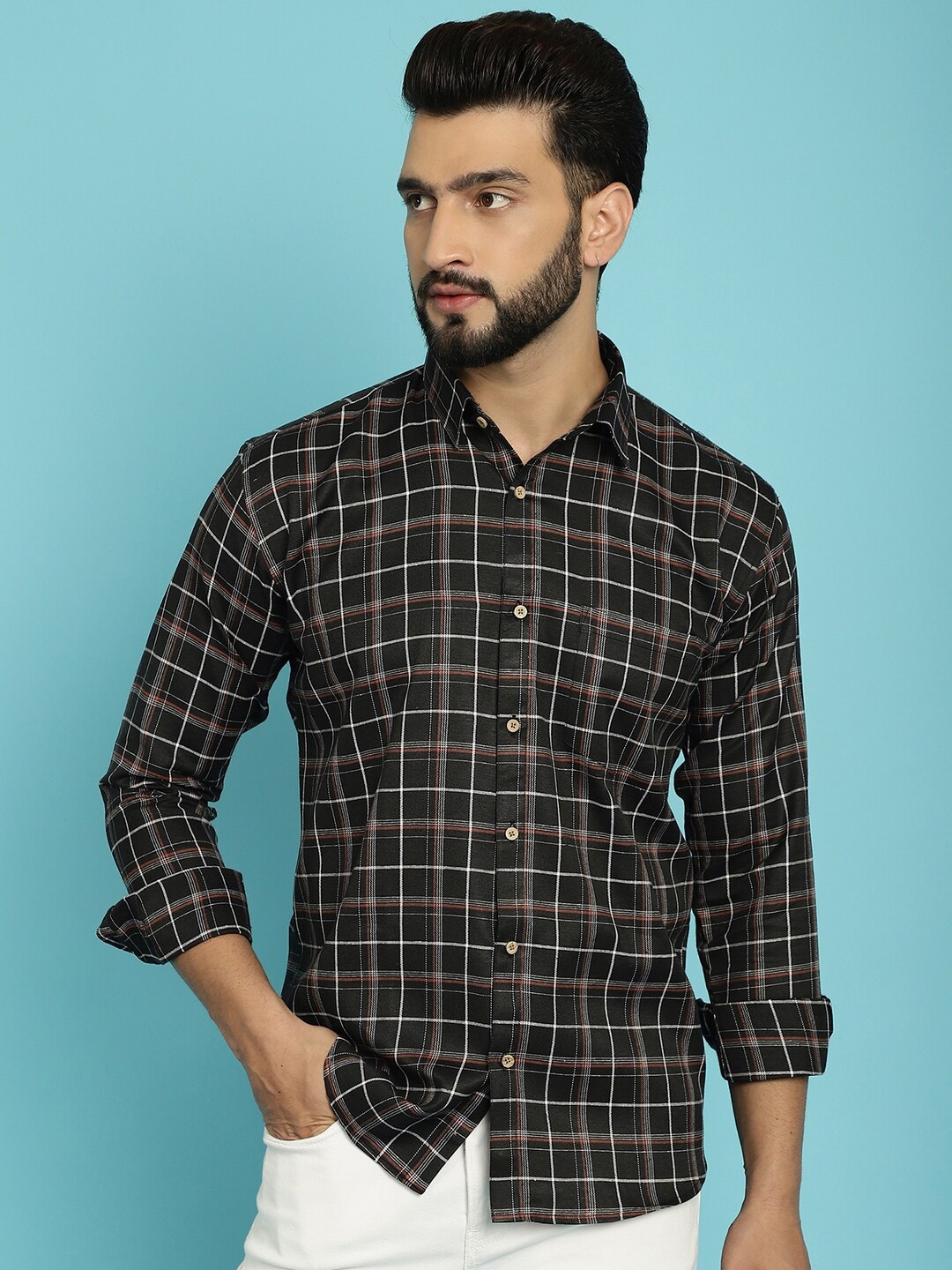 

Armaan Ethnic Classic Windowpane Checks Cotton Casual Shirt, Black