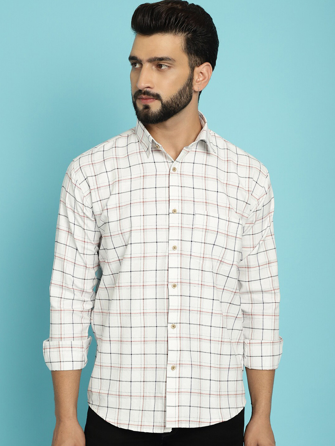 

Armaan Ethnic Classic Windowpane Checks Cotton Casual Shirt, White
