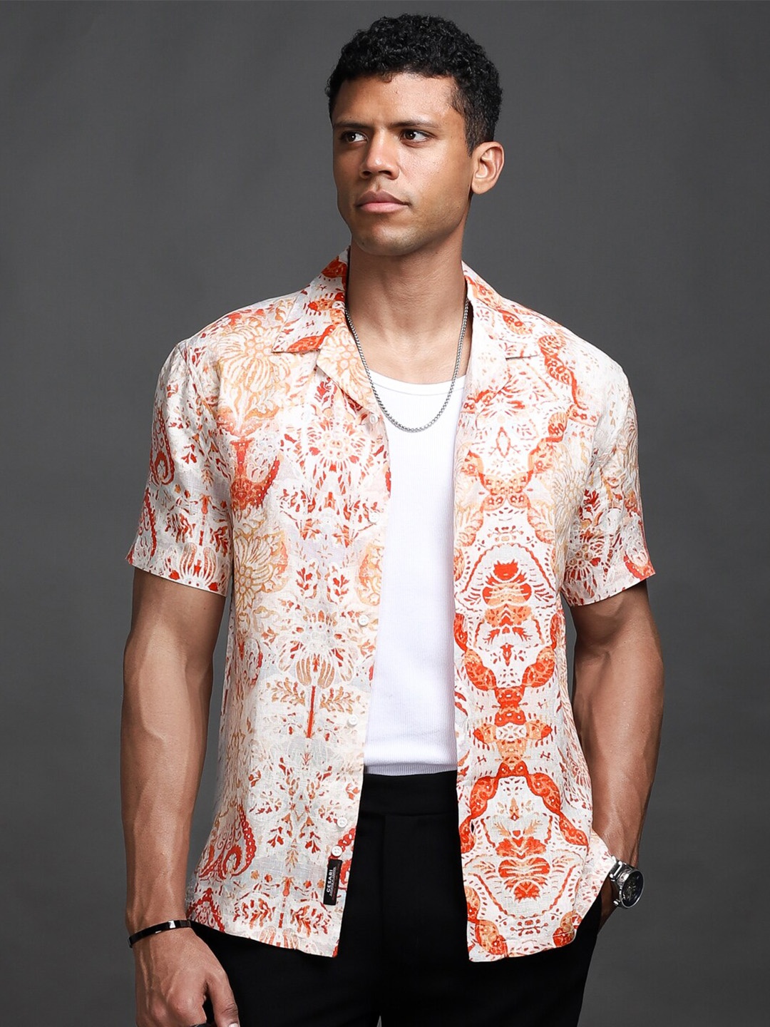 

CESARI LONDON Comfort Ethnic Motif Printed Pure Linen Casual Shirt, Orange