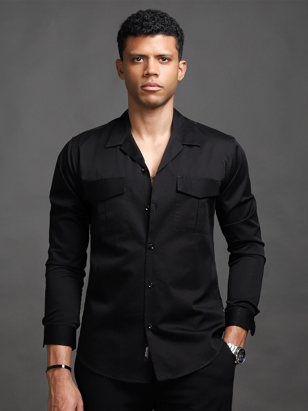 

CESARI LONDON Premium Slim Fit Cuban Collar Pure Cotton With Pocket Details Casual Shirt, Black