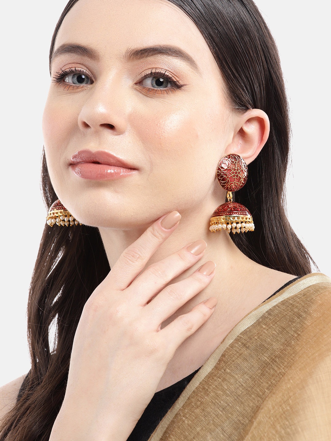 

Anouk Gold-Plated Dome Shaped Jhumkas Earrings, Maroon