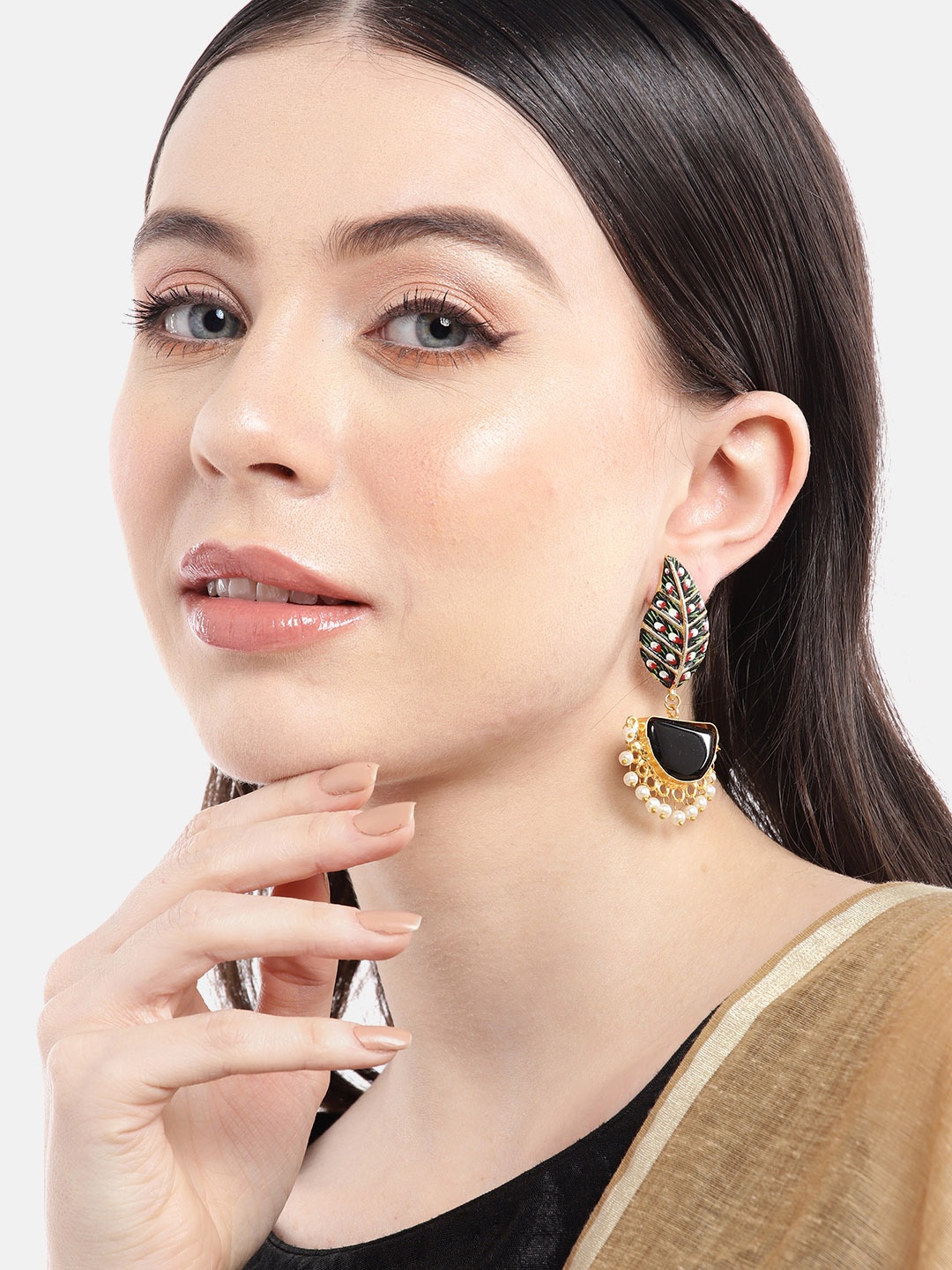 

Anouk Gold-Plated Leaf Shaped Drop Earrings, Black