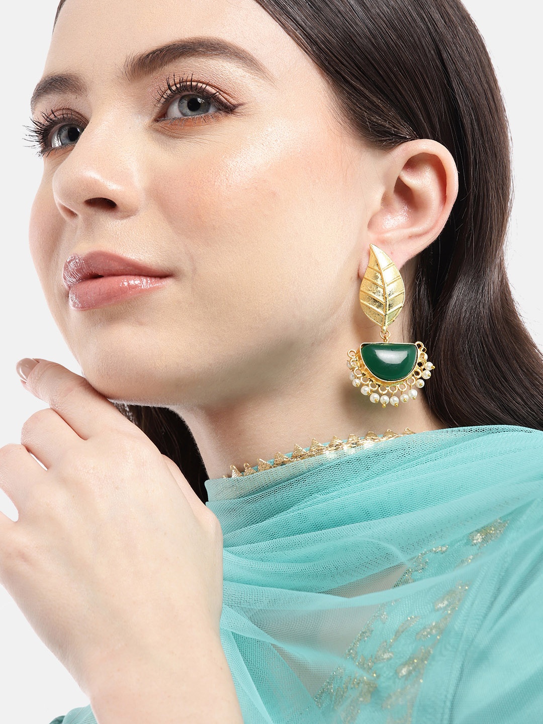 

Anouk Gold-Plated Leaf Shaped Drop Earrings, Green