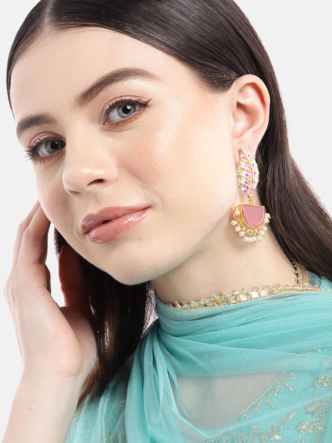 

Anouk Gold-Plated Leaf Shaped Drop Earrings, Pink