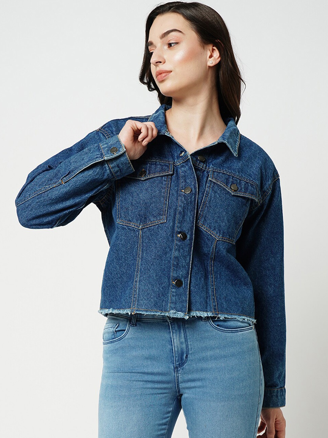 

ONLY Drone Ripped Spread Collar Crop Pure Cotton Denim Jacket, Blue