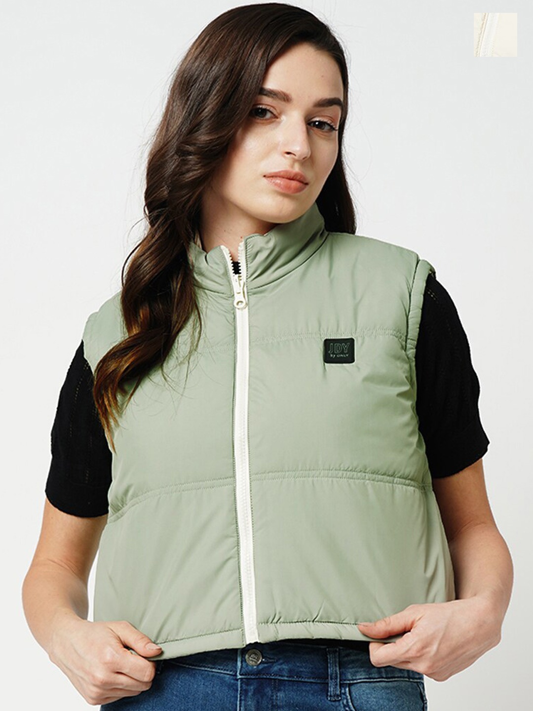 

ONLY Mock Collar Sleeveless Reversible Crop Padded Jacket, Green