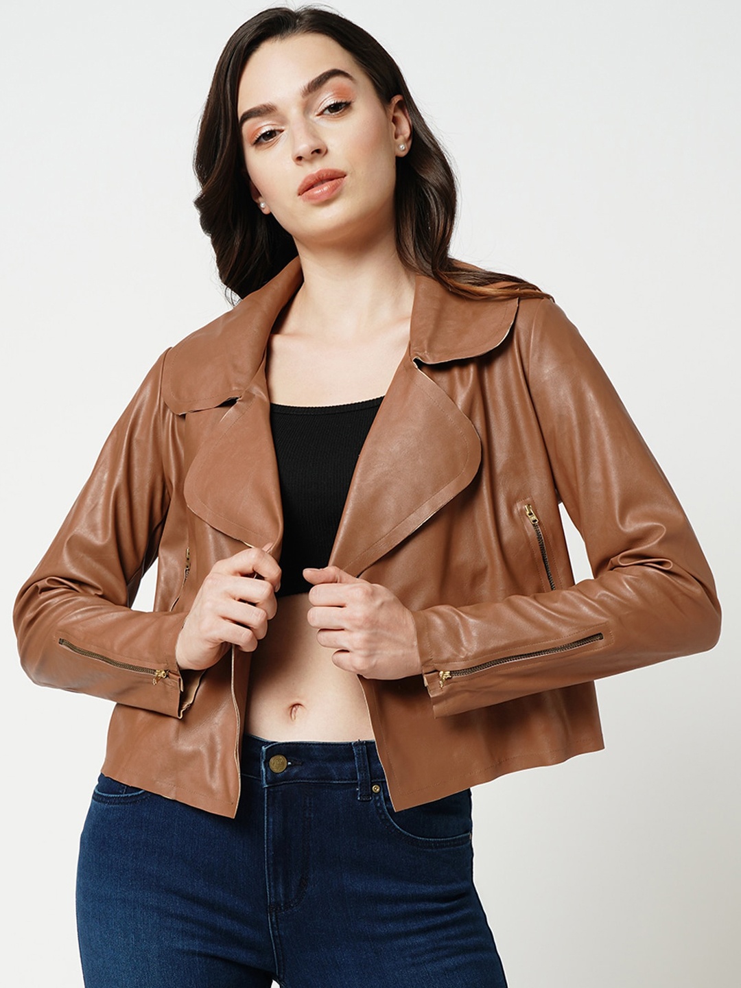 

ONLY Zip Detail Lapel Collar Biker Jacket, Brown