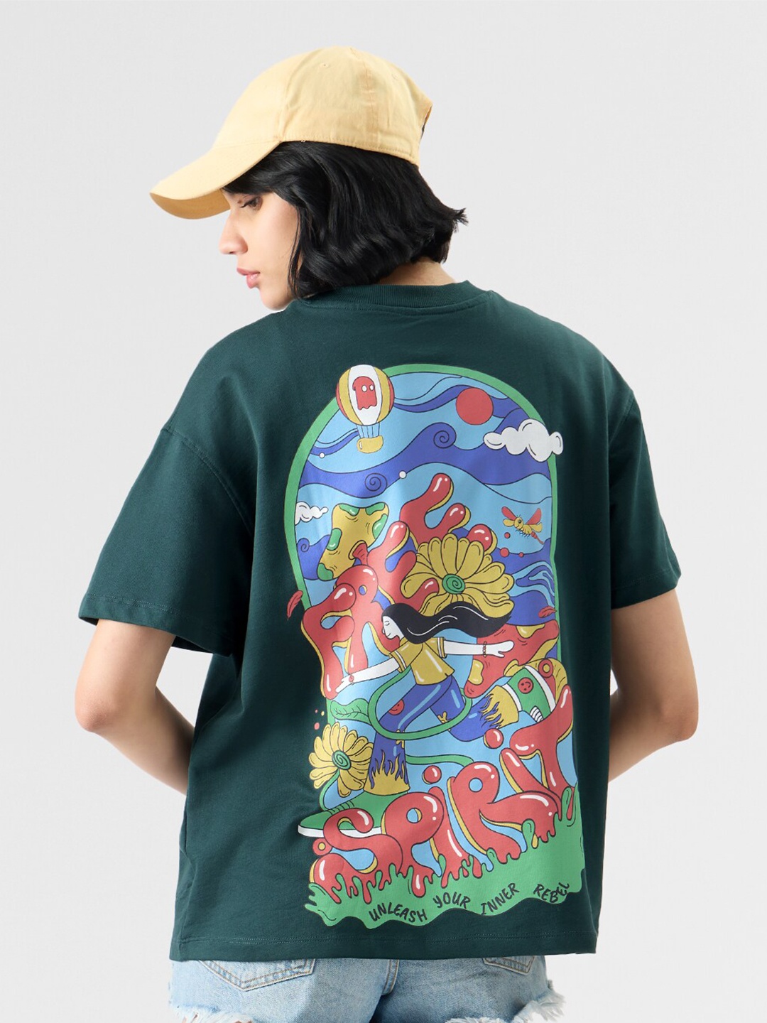 

The Souled Store Green Graphic Printed Cotton Oversized T-shirt